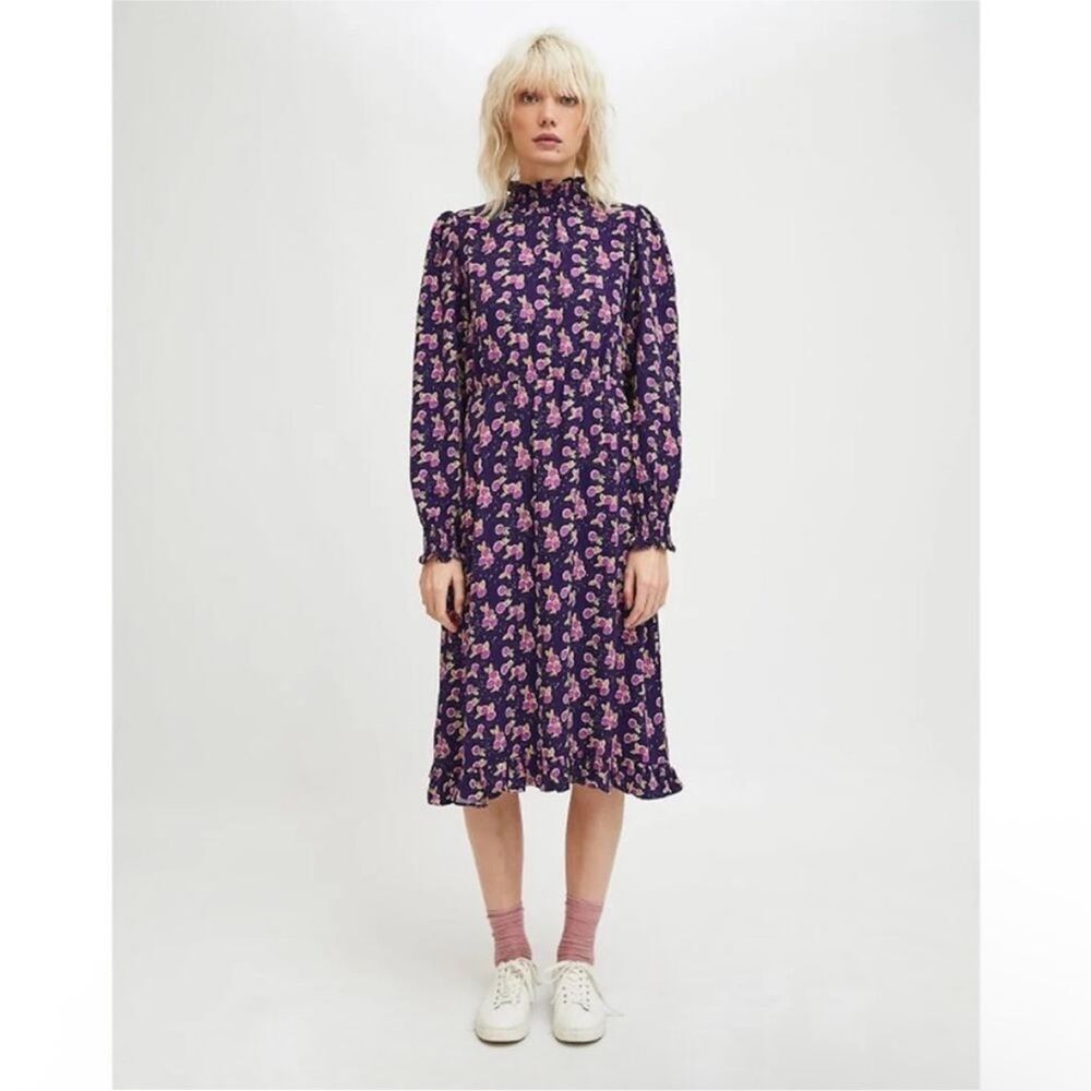 COMPANIA FANTASTICA | NEW Vestido Fruit Print Purple Midi Dress Women’s Size XS